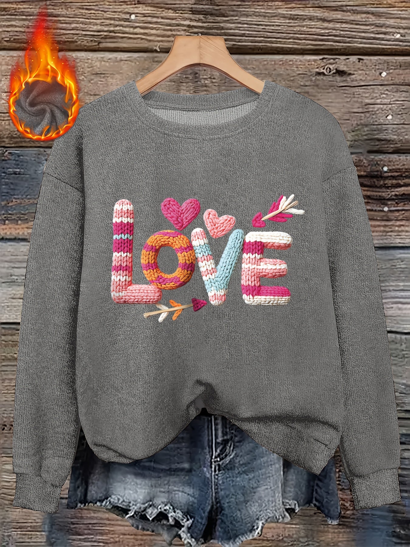 Women’s Heart Print Faux Fur Crew Neck Sweater
