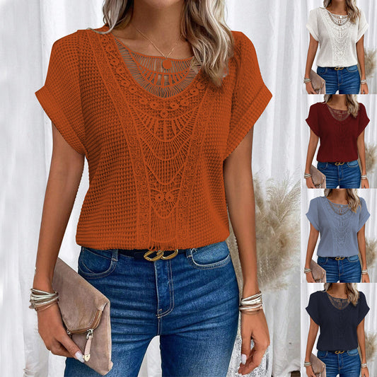 Summer Hollow Out Short-sleeved T-shirt Fashion Ethnic Style Tops Women's Clothing - Infinity Beautiful Boutique