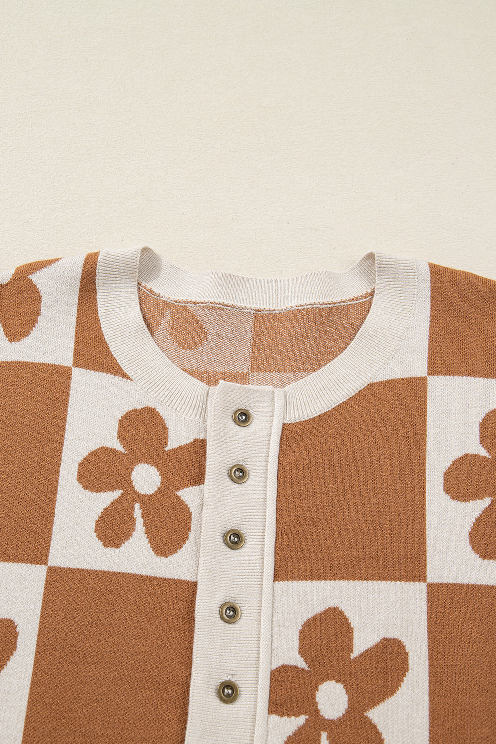 Infinity Beautiful Flower Checker Henley Baggy Sweater