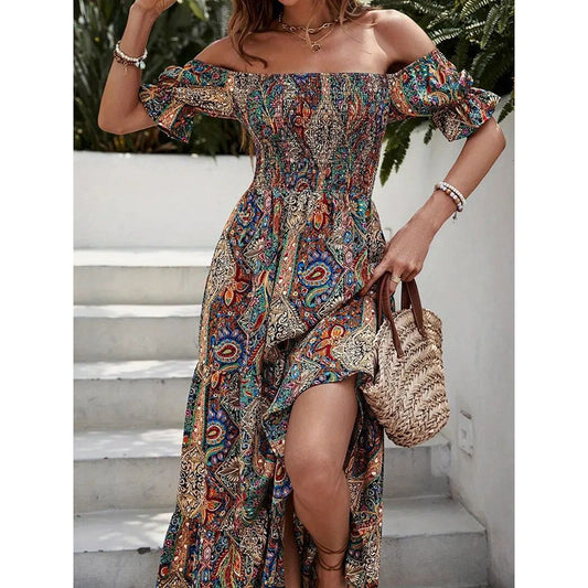 Women's Off The Shoulder Dresses Boho Flowy Smocked Maxi Sundress Beach Vacation Summer Dress - Infinity Beautiful Boutique