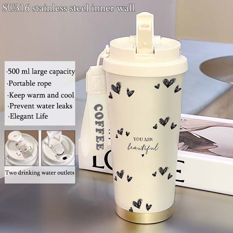 Black Heart Insulated Travel Mug with Handle Strap