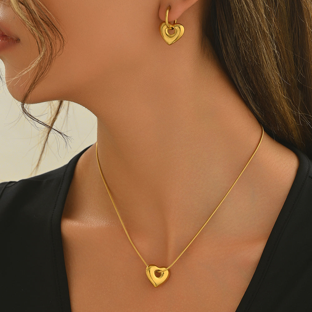 18K Gold-Plated Stainless Steel Heart Pendant Necklace & Hoop Earrings Set – Waterproof, Hypoallergenic Gift for Women