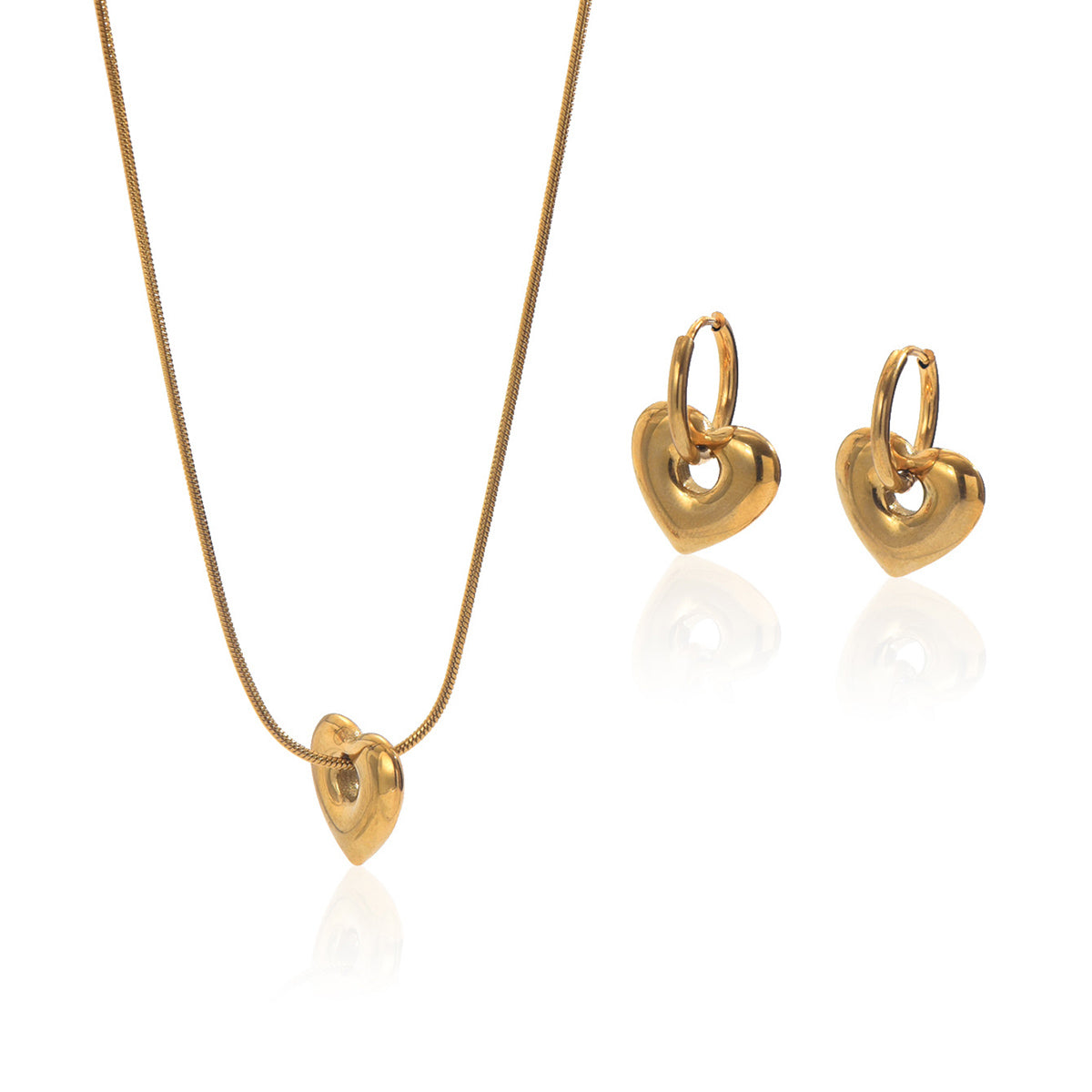 18K Gold-Plated Stainless Steel Heart Pendant Necklace & Hoop Earrings Set – Waterproof, Hypoallergenic Gift for Women