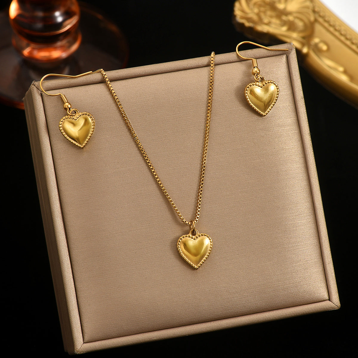 Lxalry 18K Gold Plated Stainless Steel Puffy Heart Pendant Necklace And Earrings Set For Women - Waterproof, Hypoallergenic, Cute Jewelry Gift For Birthday, Anniversary, Daily Wear, Summer Outfits - Infinity Beautiful Boutique