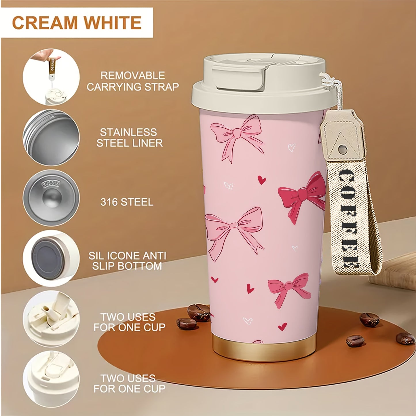 Pink Bow & Hearts Insulated Travel Tumbler