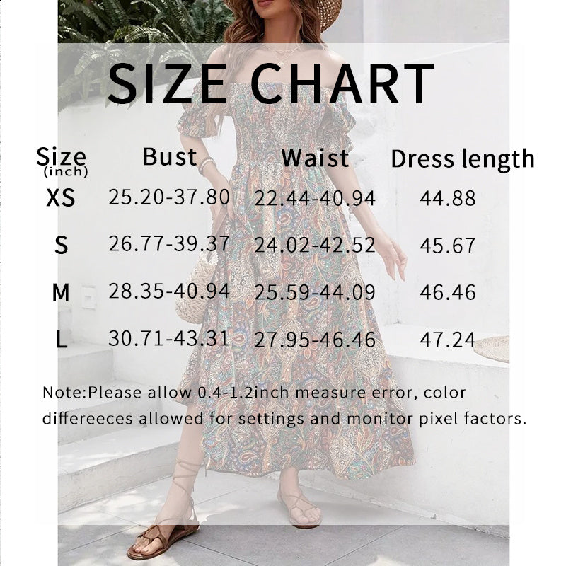 Women's Off The Shoulder Dresses Boho Flowy Smocked Maxi Sundress Beach Vacation Summer Dress - Infinity Beautiful Boutique