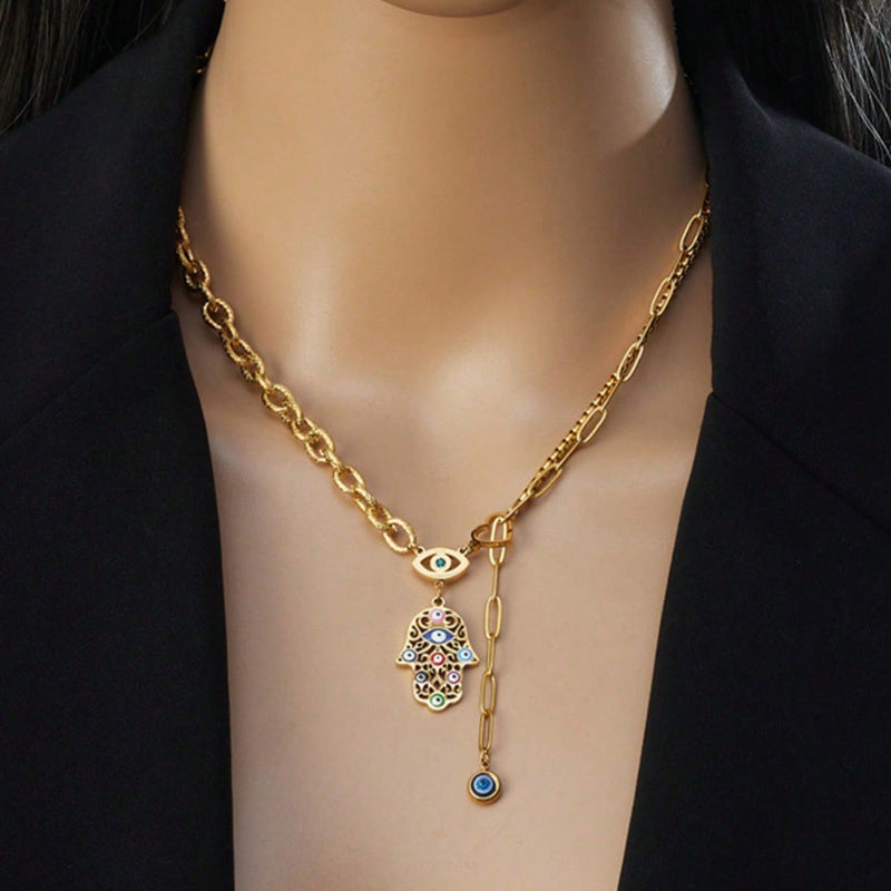 Boho Hamsa Hand Pendant Vintage Collarbone Necklace