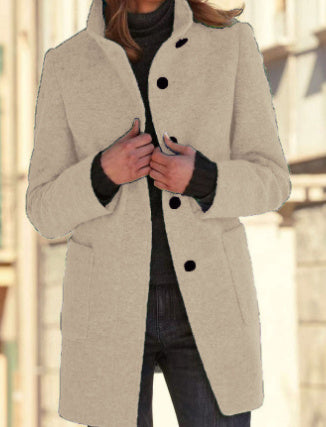 Fashion Stand Collar Woolen Coat With Pockets Fall Winter Casual Button Outwear For Women Clothing - Infinity Beautiful Boutique