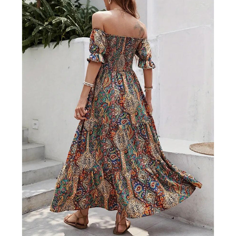 Women's Off The Shoulder Dresses Boho Flowy Smocked Maxi Sundress Beach Vacation Summer Dress - Infinity Beautiful Boutique