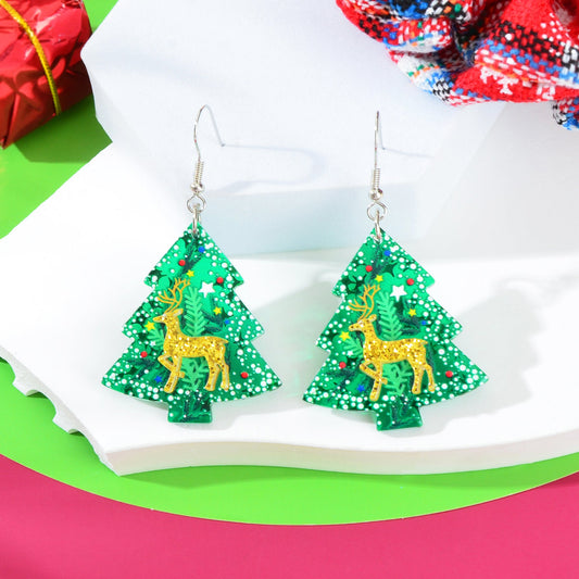 Deer Pattern Green Christmas Tree Acrylic Dangle Earrings Festival