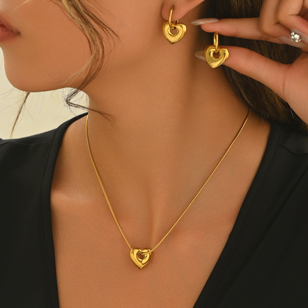 18K Gold-Plated Stainless Steel Heart Pendant Necklace & Hoop Earrings Set – Waterproof, Hypoallergenic Gift for Women