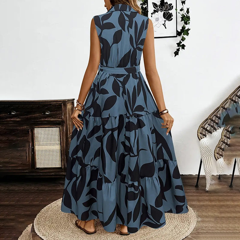 Infinity Beautiful Boho Breeze Maxi – Sleeveless Floral Dress with V-Neck, Button Front & Belted Waist