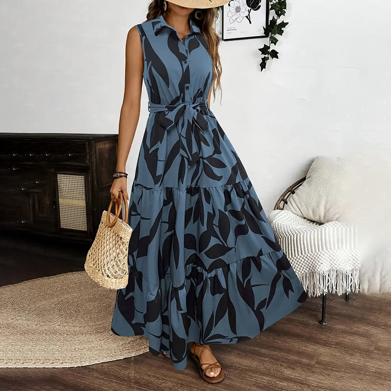 Infinity Beautiful Boho Breeze Maxi – Sleeveless Floral Dress with V-Neck, Button Front & Belted Waist