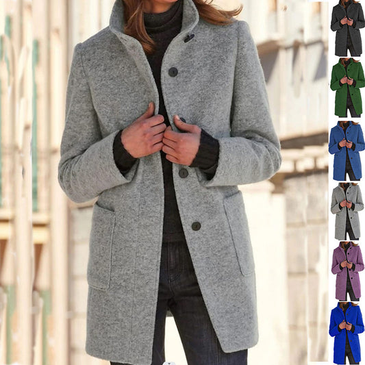 Fashion Stand Collar Woolen Coat With Pockets Fall Winter Casual Button Outwear For Women Clothing - Infinity Beautiful Boutique